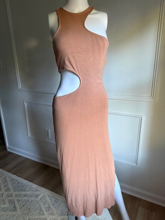 Abercrombie & Fitch Dresses & Skirts - Abercrombie Fitch Asymmetrical Cutout Ribbed Midi Dress Tan Beige Nude Summer S